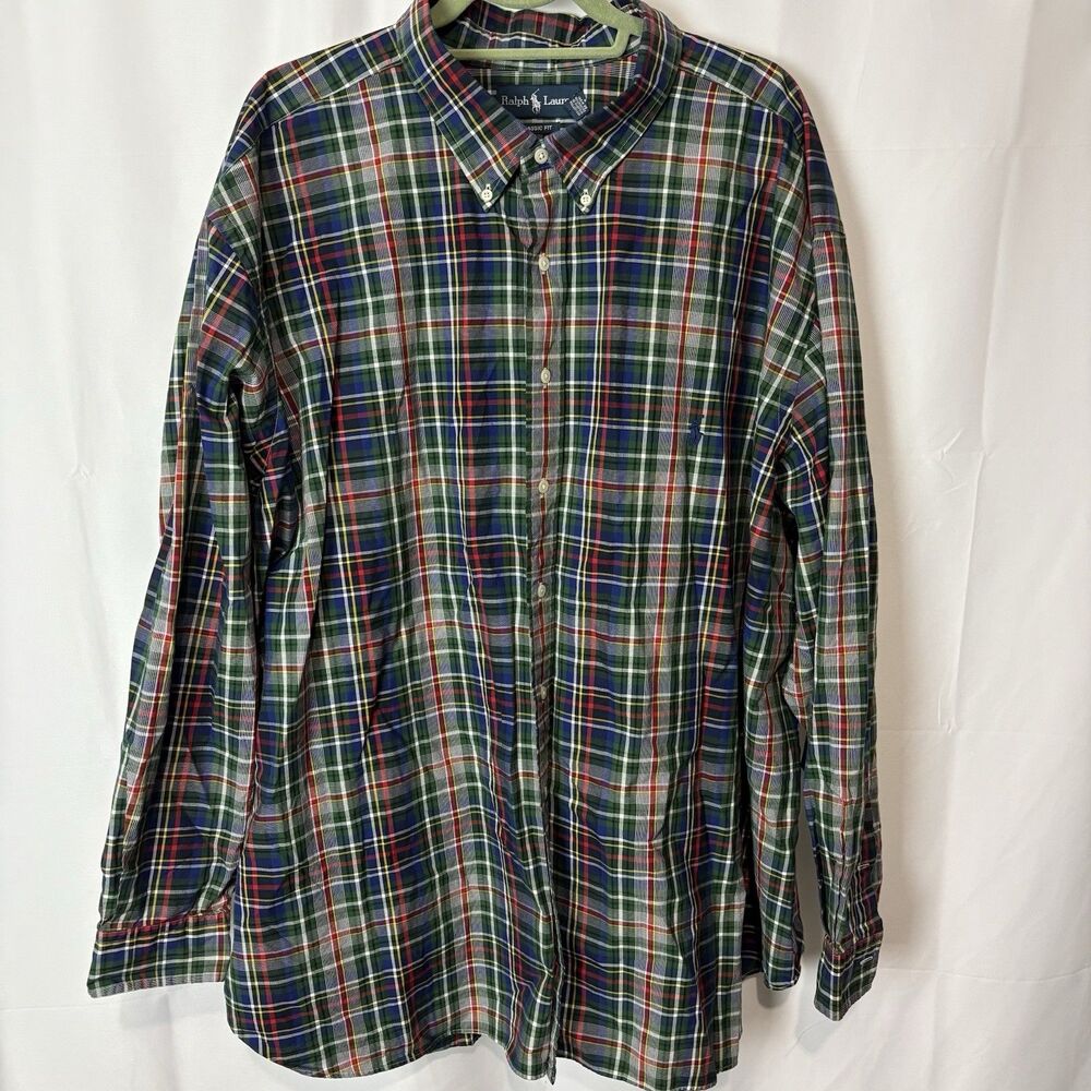 Lauren Ralph Lauren Men's Button Down Plaid Shirt 4XB Classic Fit Green Red Pony